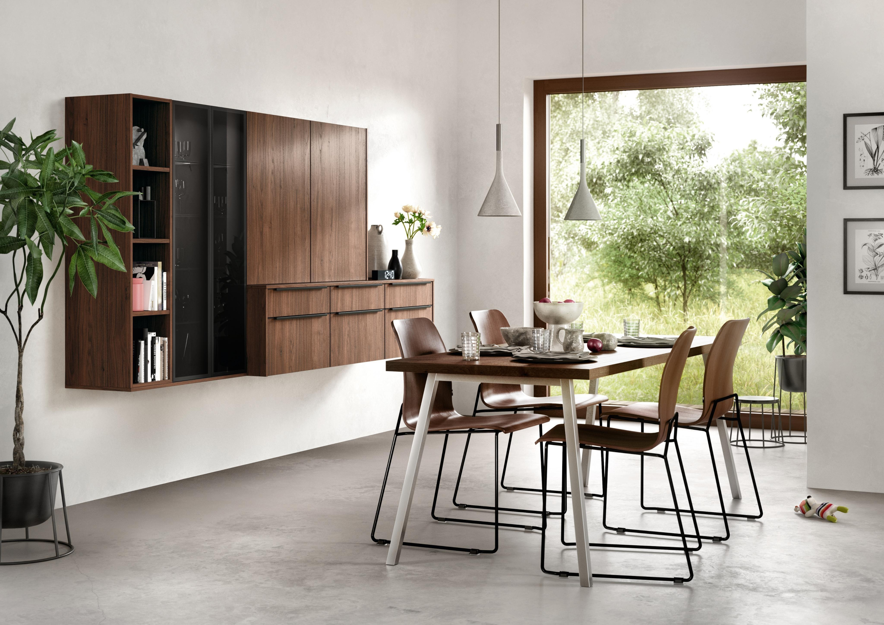 Wohnbereich Esszimmer Tisch Stühle Nobilia Sideboard Regale Holzoptik braun