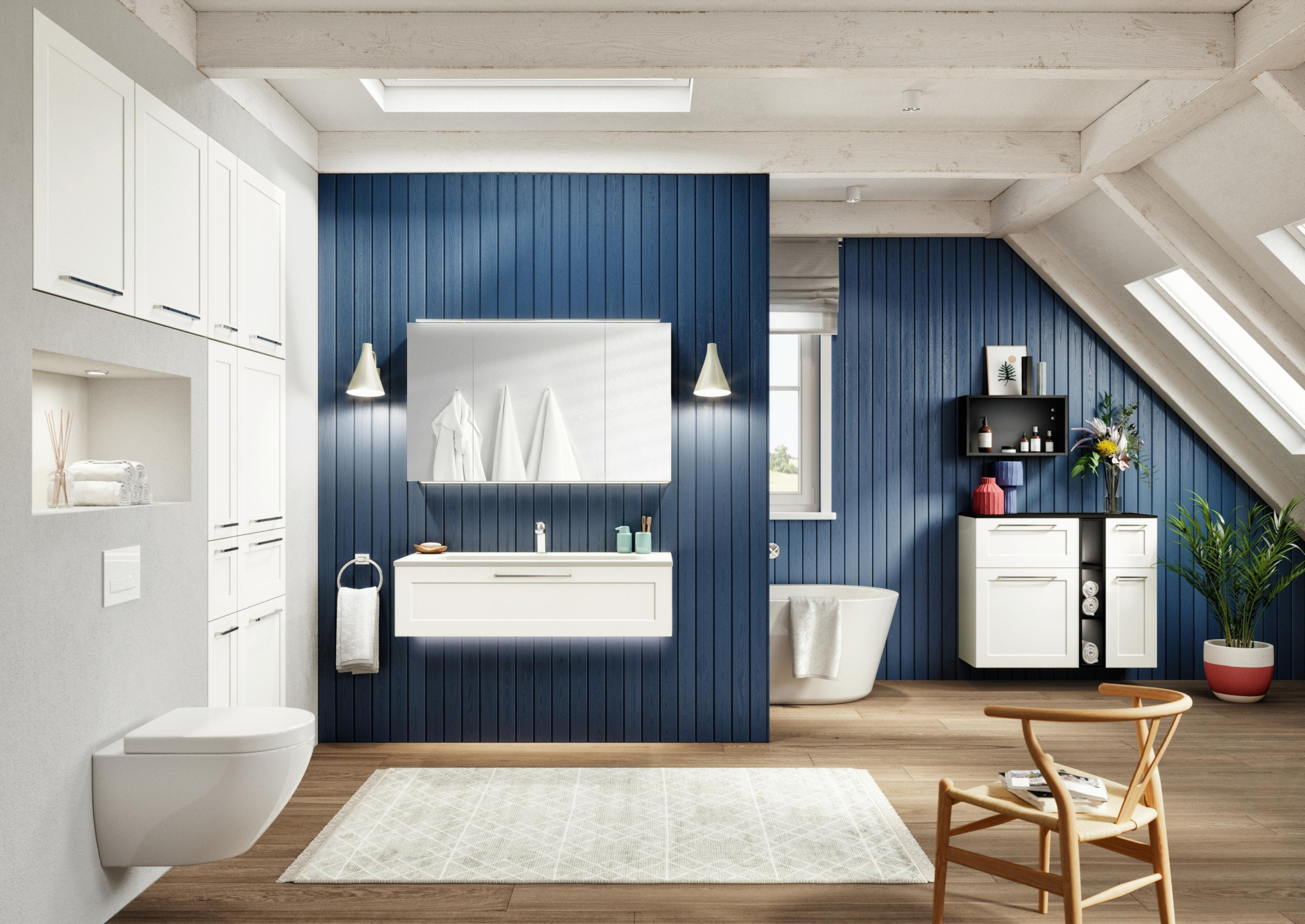 Nobilia Badezimmer Schränke Kassettentüren weiß Holzvertäfelung blau