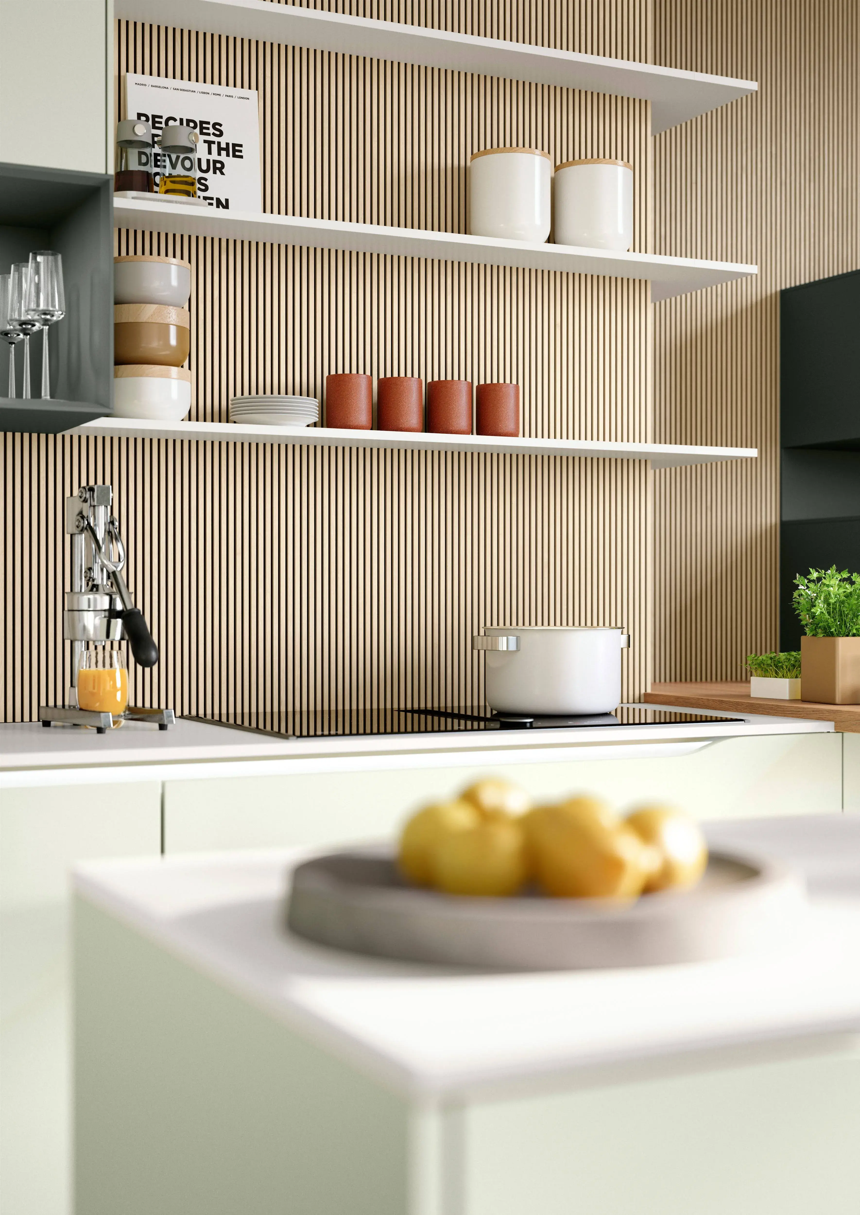 NOBILIA Jadegrün mit Neff Geräten, Fokus auf Ecke mit Kochfeld von Neff